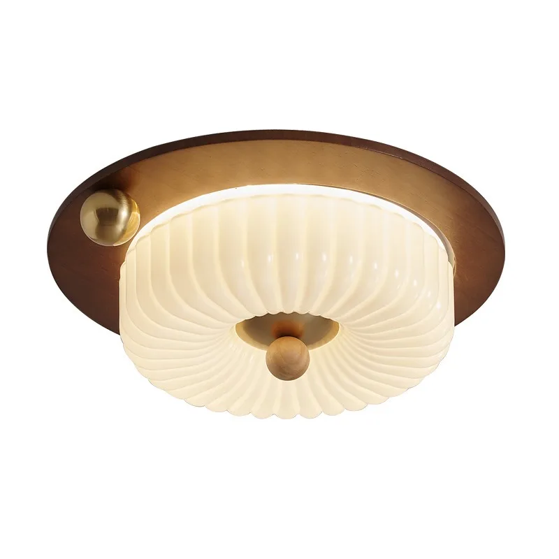 French Mid Century Cream Walnut Wood Nanyang Vintage Eye Care LED Ceiling Light Bedroom Study Home