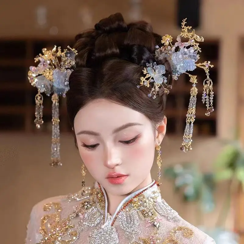 Graceful Light Blue Chinese Bride Tassel Hairwear Ancient Costume Hairpin Set Bridal Xiuhe Chinese Vintage Headpiece Accessories