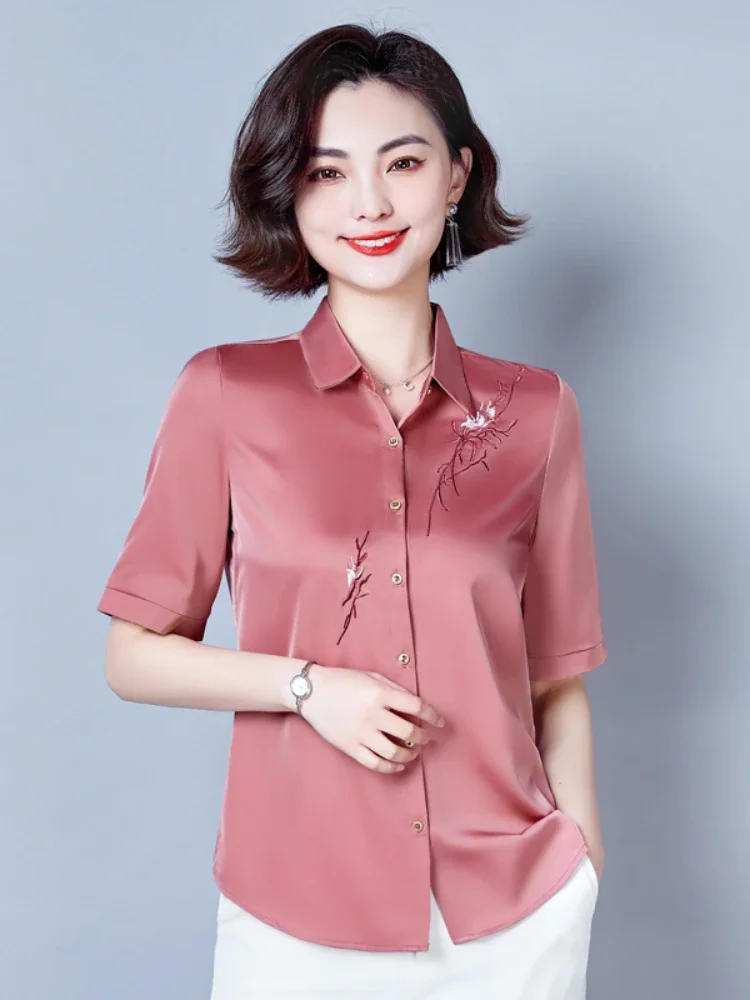 

2024 Silk Women Shirts V-Neck Vintage Top Short Sleeve Embroidery Ladies Top Shirt Summer Floral Fashion OL Woman Clothing J43