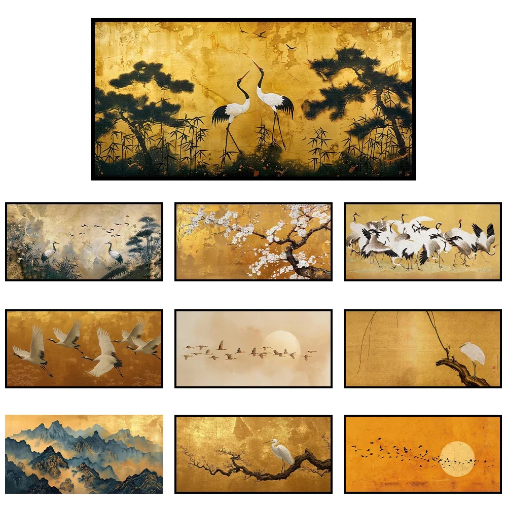 Large-sized Bamboo and Crane Landscape Canvas Painting Japanese Gold Minimalist Canvas Art Prints Full Moon and Birds Wall Art P
