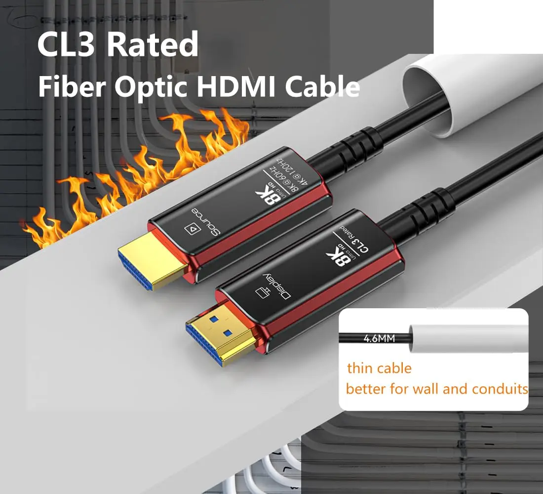 HDMI Cables 50FT,8K HDMI 2.1 fiber optic Cable CL3 Rated,48Gbps 8K@60 4K@120Hz/144Hz,eARC HDCP 2.2&2.3,Compatible for Xbox/PS5