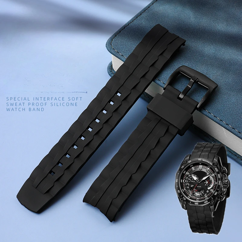 

For Casio Waterproof Watch Strap Soft EF-550D/PB EF-523 Men's Anti-Allergy Edifice Resin Silicone 22mm Black Replace Watch Band