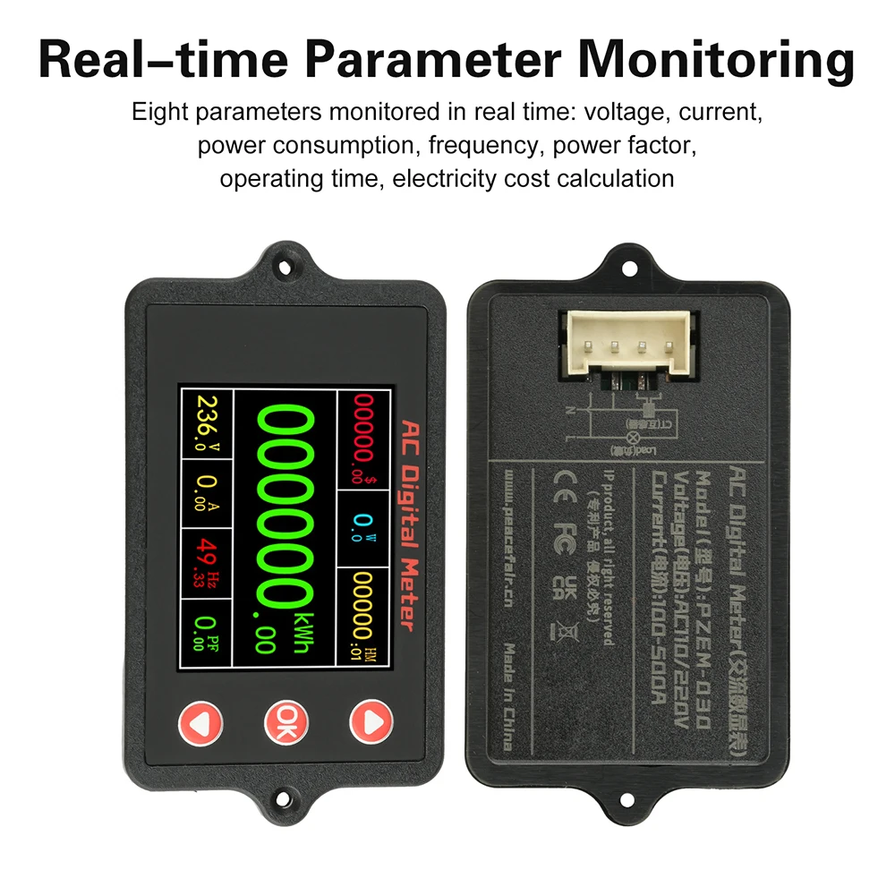 0-100A 2 Inch AC Voltage Current Meter TFT Color Screen Multifunction Digital Power Monitoring Power Frequency Energy Multimeter