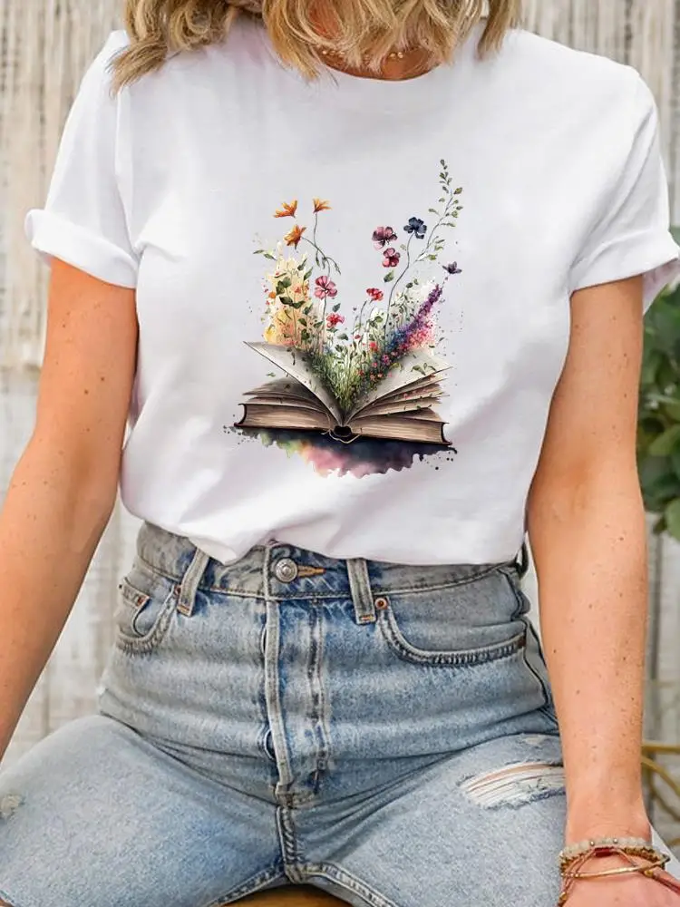 

Book Flower Style 90s Cute Short Sleeve Clothing Fashion Print Women O-neck Clothes Graphic T-shirt Lady Top Female Shirt Tee