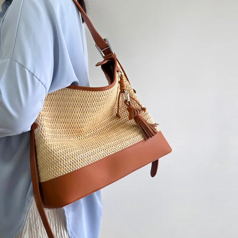 Korean Version Shoulder Woven Bag Fashion Beach Holiday Large-capacity Crossbody Bag Leather/Straw Patchwork Relaxed Tote Bag