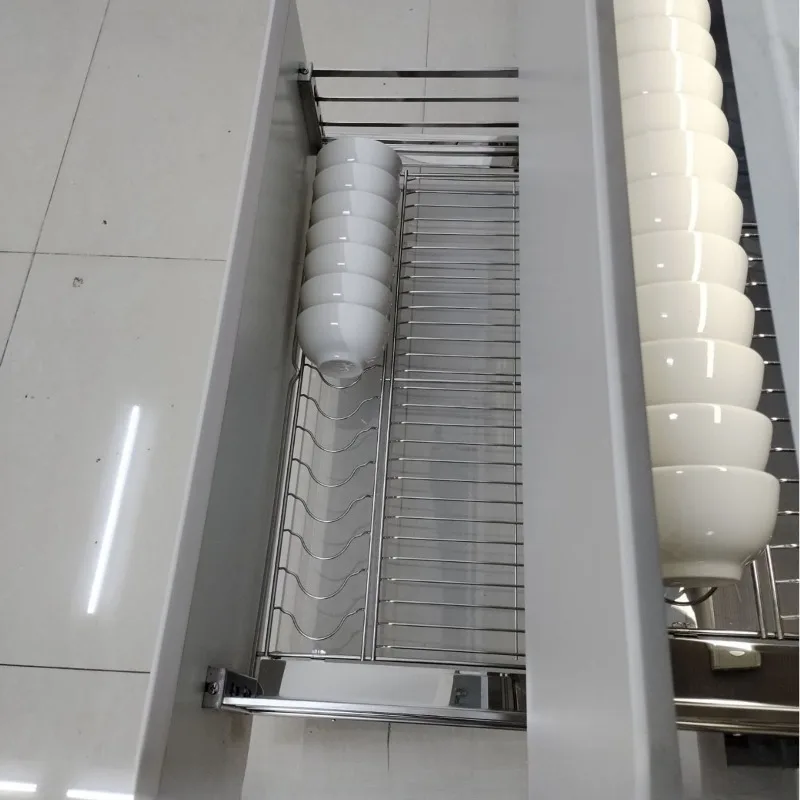 

Stainless steel 304 flat steel dish basket kitchen cabinet basket double buffer drawer type three-sided dish basket