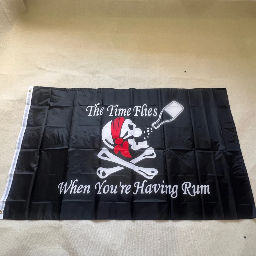 90X150cm3x5 Jolly Roger Skull Bone Drinking The Time Flies When You Are Having Rum Pirate Flag For Wine Bar Decoration