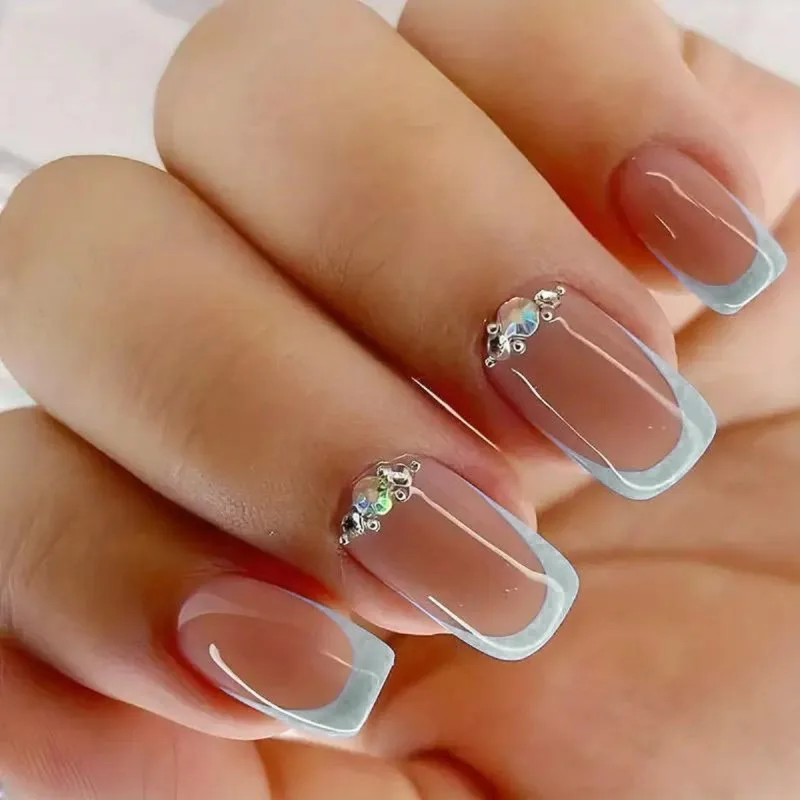 Uñas postizas con diamantes de imitación para mujer, uñas cuadradas medianas con pegamento, estilo francés azul, reutilizables, minimalistas, extraíbles, 24 piezas