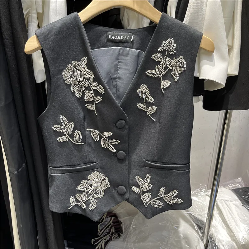 Fashionable Grey V-Neck Women's Vest Jacket Autumn Season Heavy Embellishment Luxury Top Polyester Spandex Non-Iron Treatment