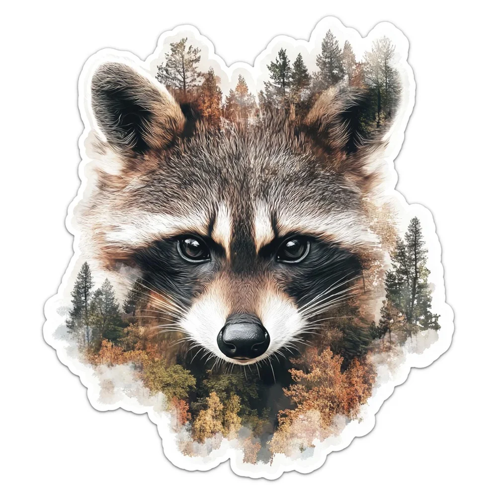 Double Exposure Raccoon Wild Animal Vinyl Car Sticker Self Adhesive Decal for Car Body and Laptop Novelty Auto Decor