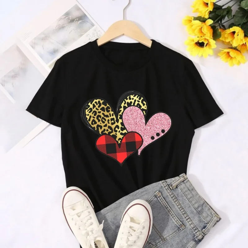 Algodão 100% dia dos namorados leopardo impressão amor impressão casual pulôver manga curta camiseta feminina roupas topos