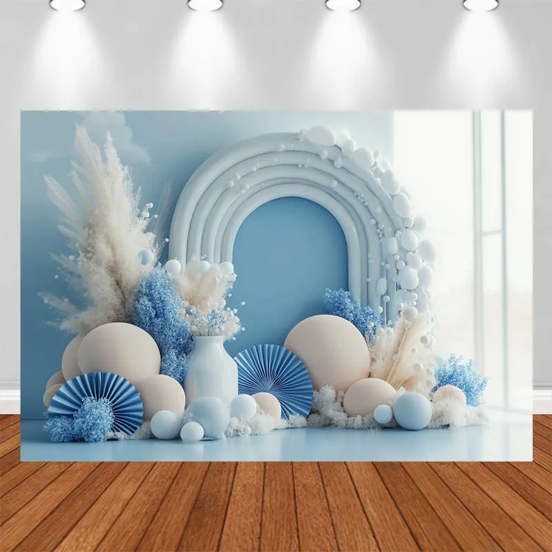 LS Photography Background Blue Arch Origami Fan Vase Pampas Grass Decor Birthday Cake Smash Kids Portrait Photo Backdrop Studio