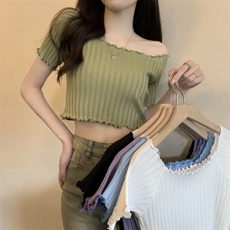 

OUMEA Women Off Shoulder Rib Crop Top Summer Skinny Lettuce Edge Slash Neck Short Top Square Neck Beach Casual Sexy Slim Tops