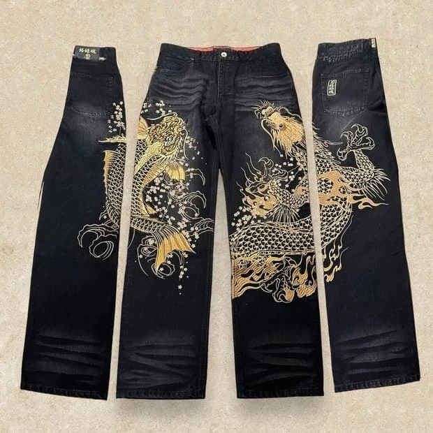 Vintage Japanese Selvedge Jeans Man Y2K High-end Brand Natural Indigo Dip Dyeing Harajuku Mopping Pants