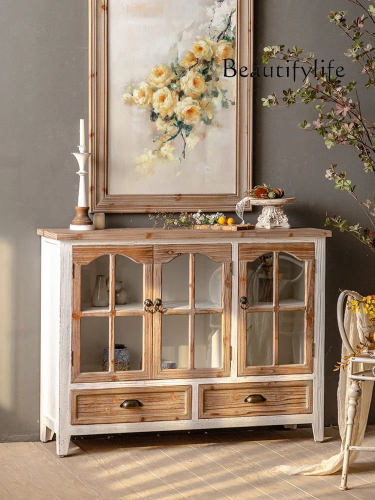 

American Retro Sideboard Cabinet Solid Wood Carved Distressed Glass Wine Cabinet