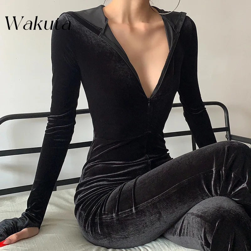 WAKUTA American Style Lapel Long Sleeved Zippered Tight Jumpsuit Casual Slim Fit Sports Solid Color Rompers Enteritos De Fiesta