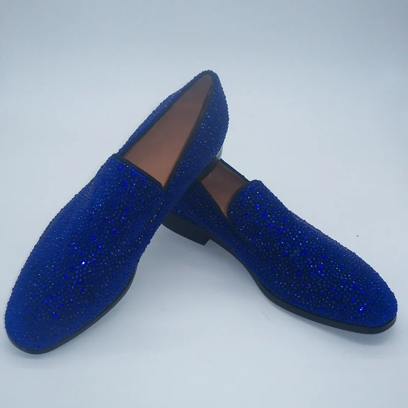 LOUBUTEN Royal Blue Full Rhinestone Loafers Luxury Party And Wedding Shoes Men Crystal Shoes Slip On Flats Dress Shoes