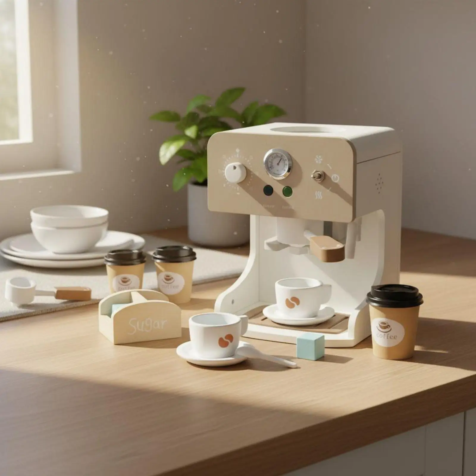 Wooden Coffee Machine Toy Realistic Simulation Wooden Pretend Play Accessories Included Coffee Maker Playset for Preschoolers,
