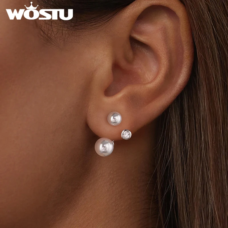 

WOSTU 925 Sterling Silver Original Front-Back Pearl Zircon Stud Earrings For Women Daily Wear Fine Jewelry Gift