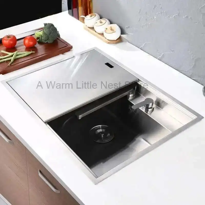 

Hidden Stainless Steel Kitchen Sinks Modern Kitchen Accessories with Cover Kitchen Sink Dish Drainer Light Luxury Single Tank L