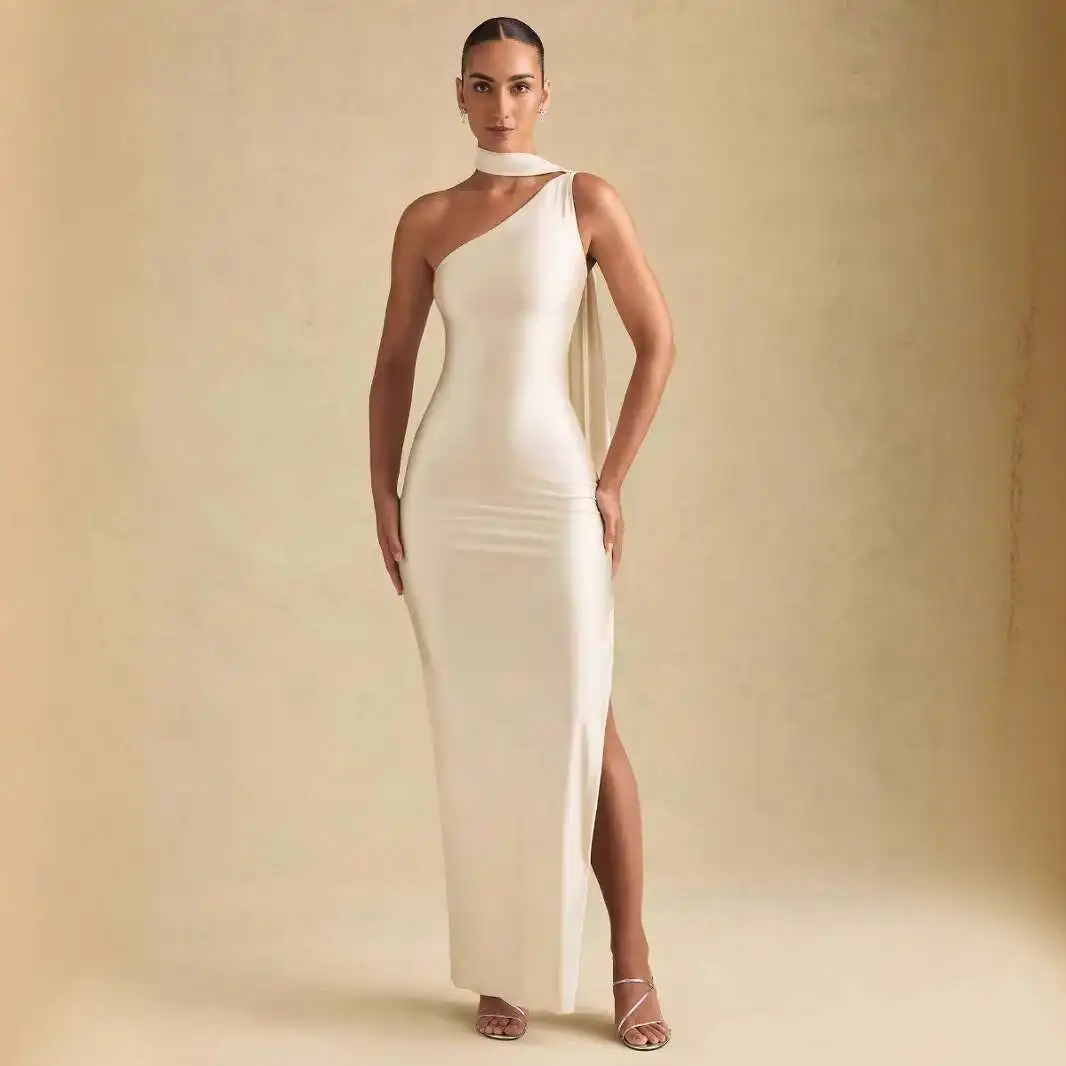 2025 New Style Off-shoulder Luxury High Elasticity High-grade Satin Sexy Slim Fit Bodycon Dress Dress Robe Vestido Women Elegant