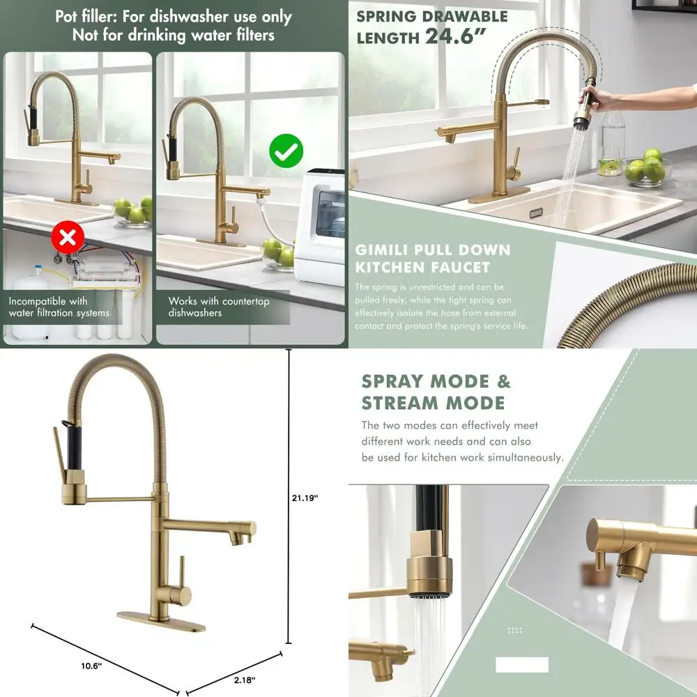 

Stainless Steel Dual-Outlet Pull-Down Spray Kitchen Faucet in Gold Finish