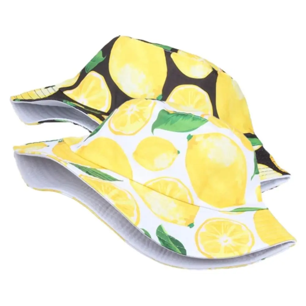 Outdoor Sun Protection Bucket Hat Beach Leaf Lemon Printing Foldable Fisherman Hat Summer Breathable Sunshade Cap for Men Women