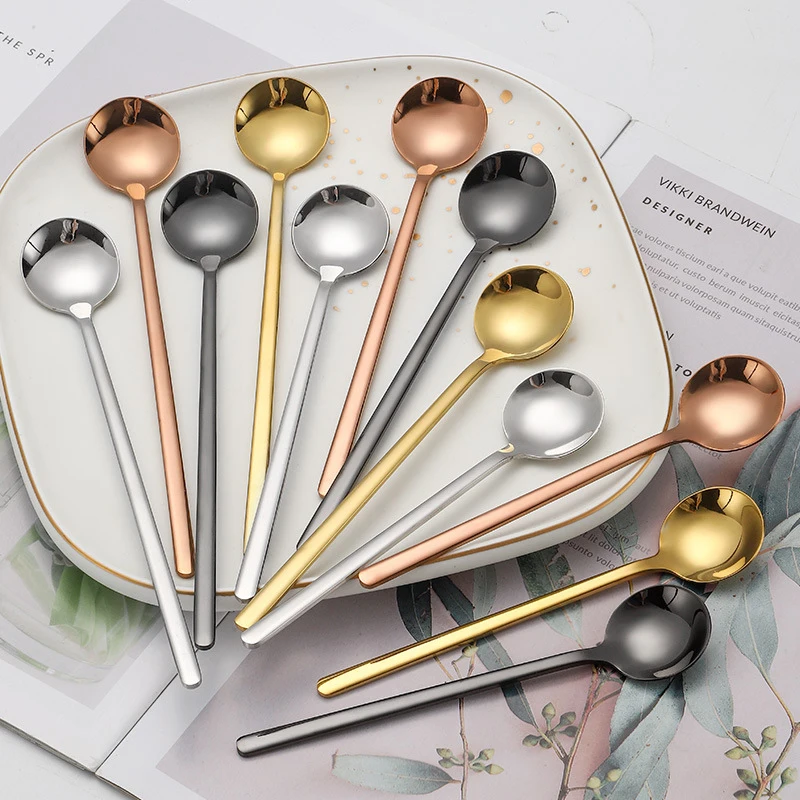 1pc/6pcs Long Handle Teaspoon 304 Stainless Steel Coffee Spoon Round Head Korean Style Spoons for Dessert Honey Salad Tea