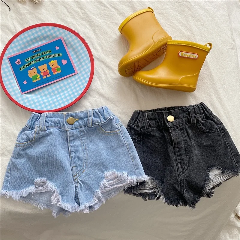 Children's Clothing Baby 2025 Summer New Product Children's Stylish Ripped Denim Shorts with Rough Edges Pants