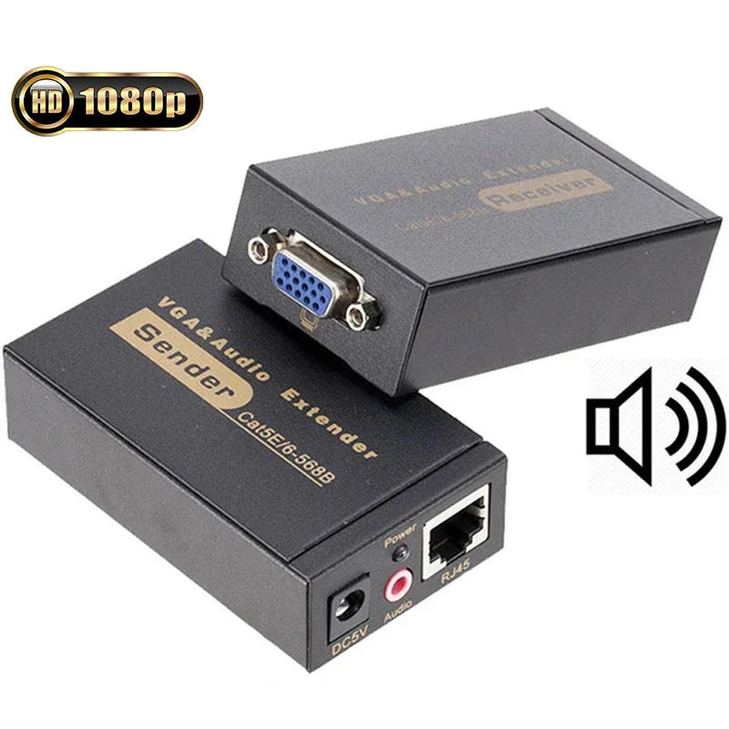 VGA Extender with Audio over Cat5/6 Cable Up To 100M VGA to RJ45 Ethernet Video Audio Converter Extender for PC Laptop Projector