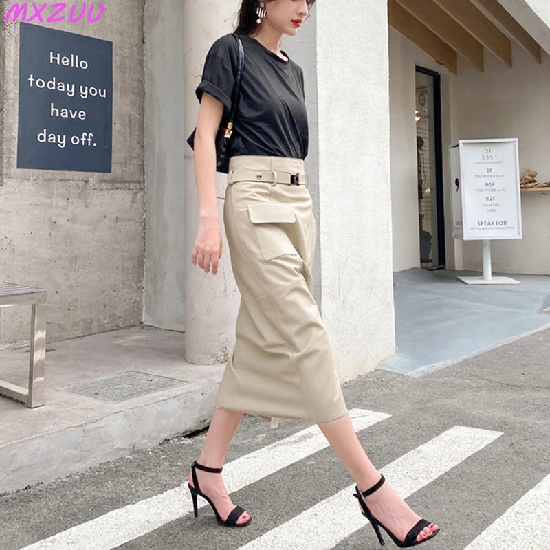 Women Clothes 2023 Spring Genuine Leather Falda Midi Mujer Sheepskin Beige High Waist A-line Maxi Skirt Front Slit Korean Style