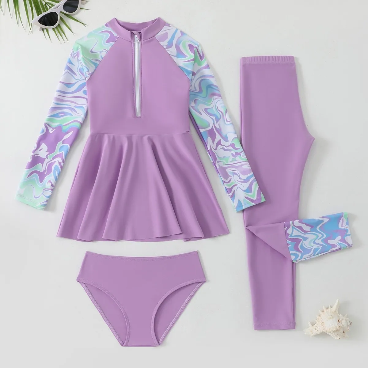 

2025 3 Pieces Girls Swimsuit Kids Swimwear Long Sleeve Beach Dress & Pants Children's 6-12Years Bathing Swimming Suit Burkini