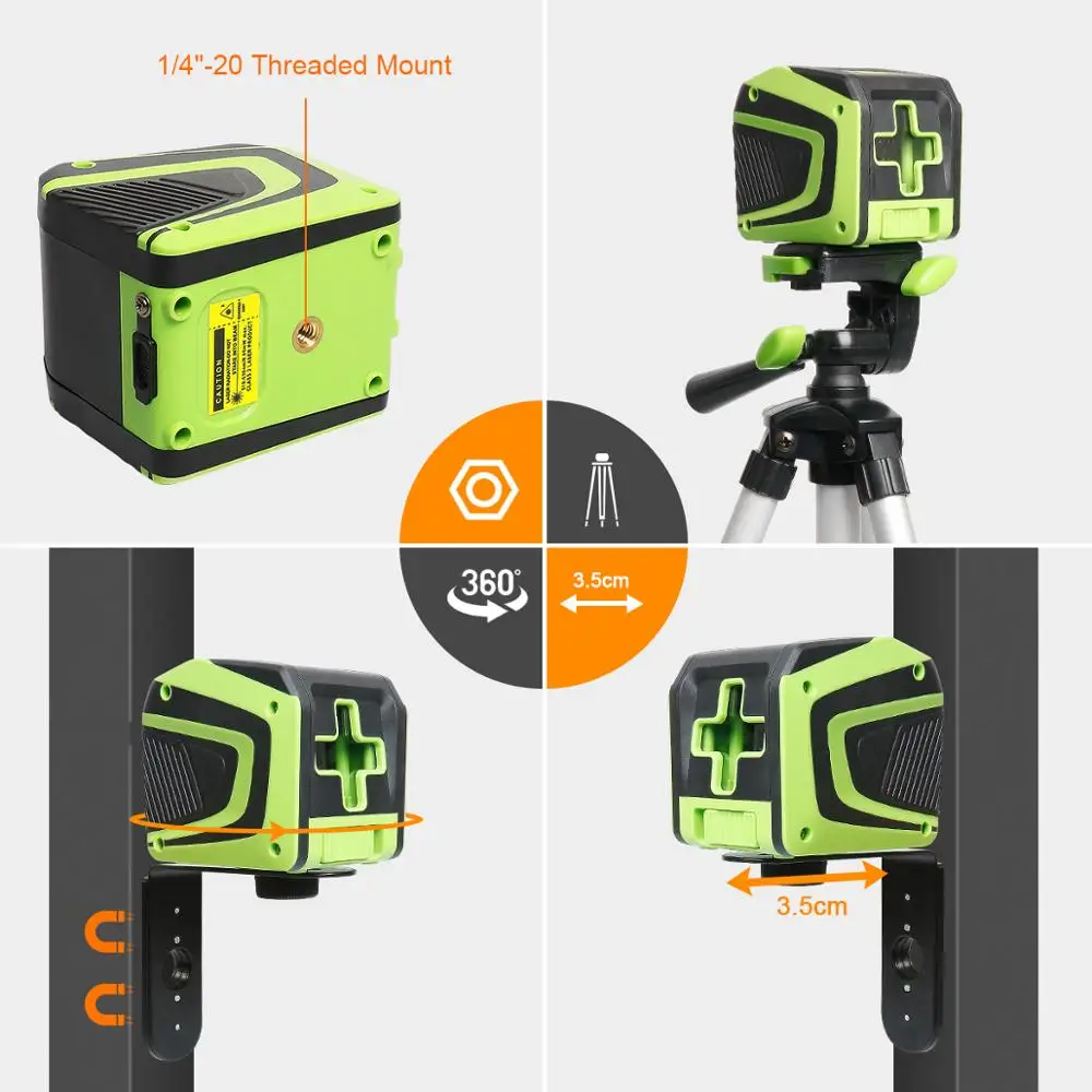 Huepar 2 Lines Laser Level Green Beams Horizontal Vertical Cross Line Rechargeable Li-ion Battery & Bracket Lazer Level Tools