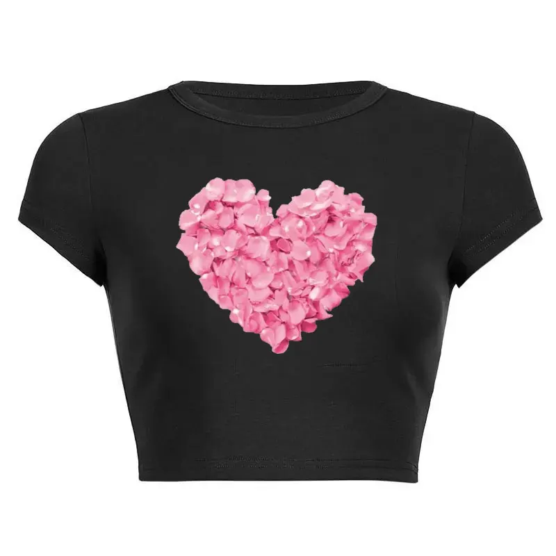 Pink Heart Flower Print Tshirt for Women, Casual Funny T Shirt, 90s Lady Yong Girl Cropped Navel  Top Tees Female women clothes