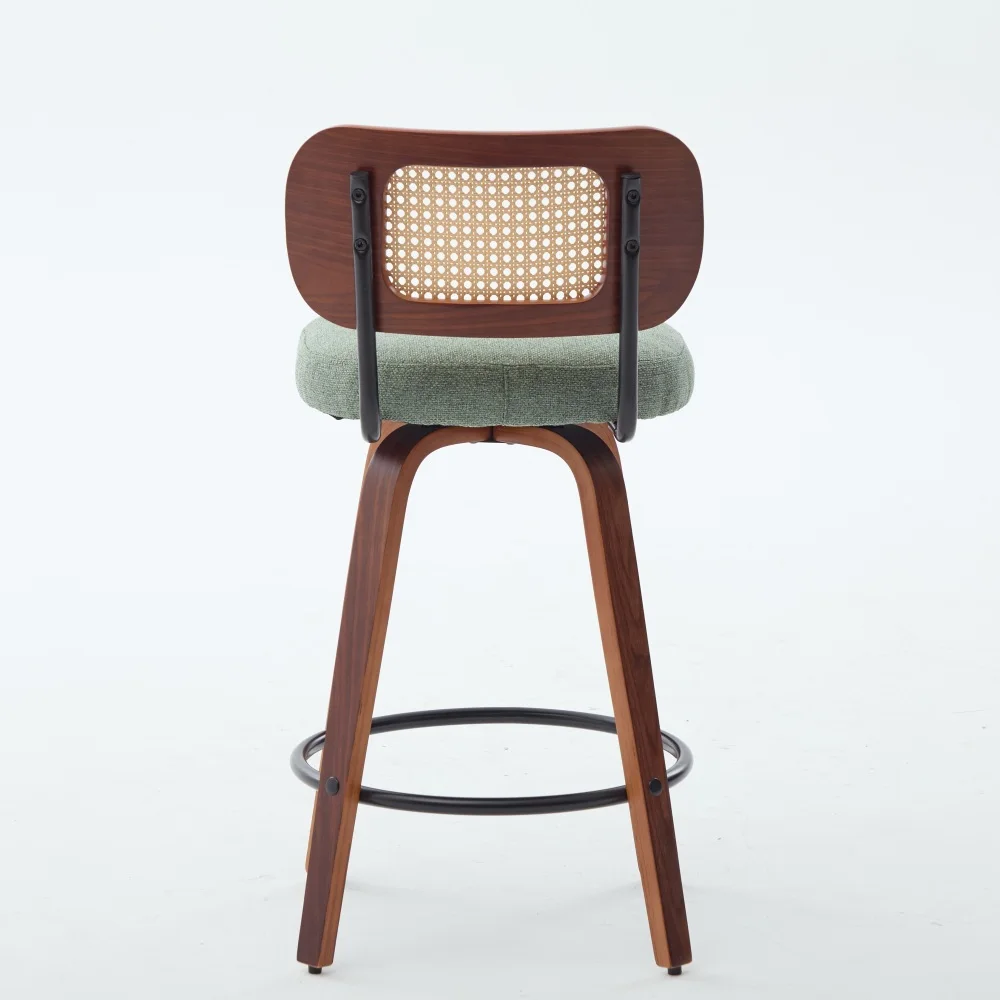 Conjunto de 3 Banquetas de Bar de 26 Polegadas: Nogueira Preta, Encosto de Palha, Assento Verde, Giratórias SW3766OL