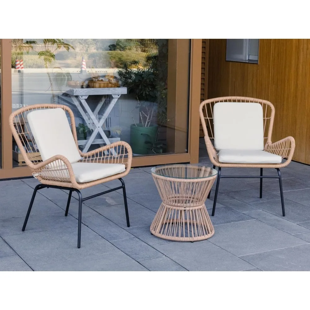 

3 Piece Rattan Patio Bistro Set,Outdoor Wicker Furniture with 2 Chairs and Glass Top Table,Boho Style Patio Set for Small Spaces