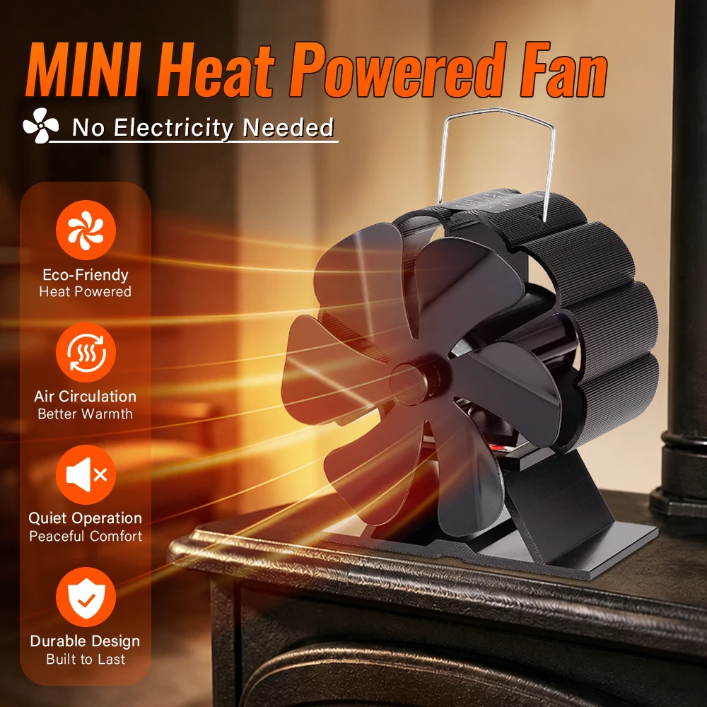 6 Blades Heat Powered Stove Fan Black Fireplace komin Log Wood Burner Eco Friendly Quiet Fan Home Efficient Heat Distribution