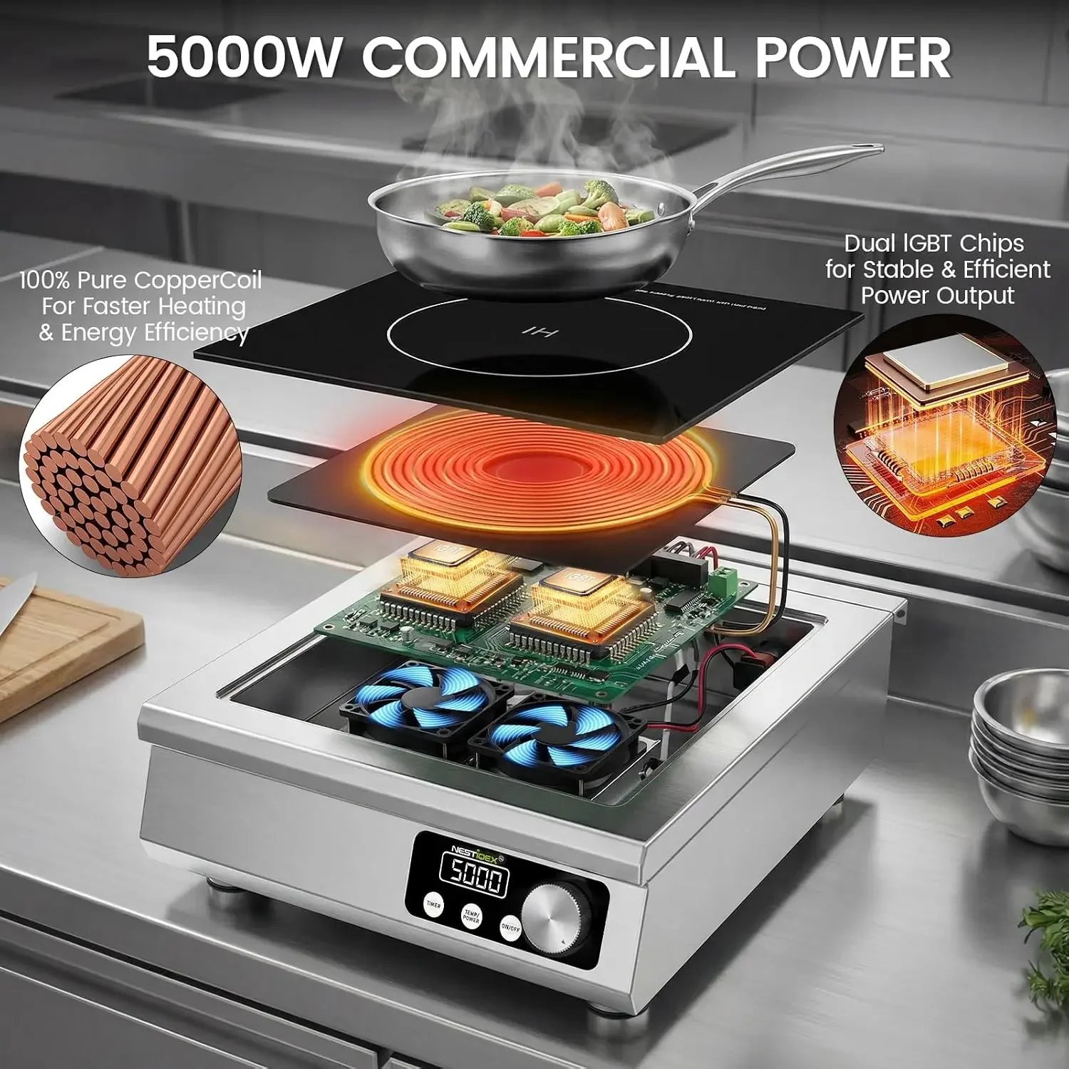 5000W Commercial Induction Cooktop, 208V 3-Phase Heavy-Duty Countertop Induction Burner, Electric Cooktop with 9.25