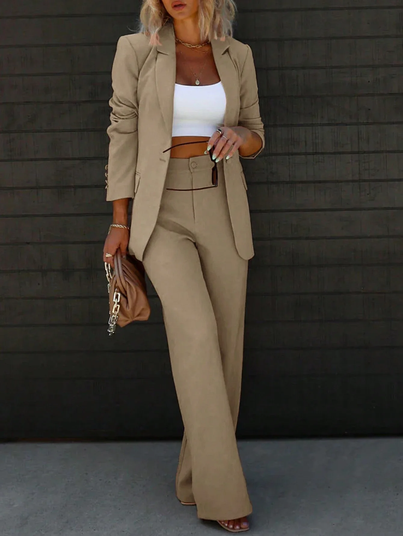 

Elegant Women Two-Piece Suit Single Button Blazer And Wide Leg Trousers