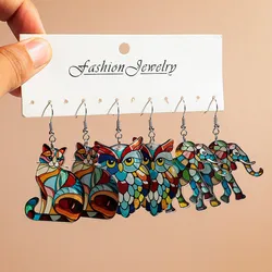 New Church Colorful Cat Owl Elephant Acrylic Earrings Set for Women 3pair Cute Cartooon Animal Drop Earring Funny Jewelry Gifts