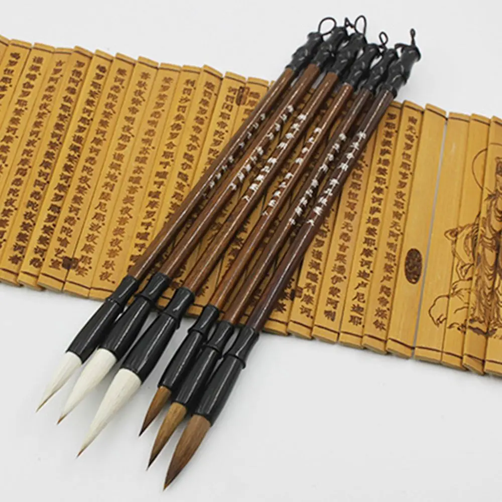 6Pcs/set Writing Practice Brush Chinese Calligraphy Brown Weasel Hair Brush White Woolen Calligraphy Supplies Student Stationery