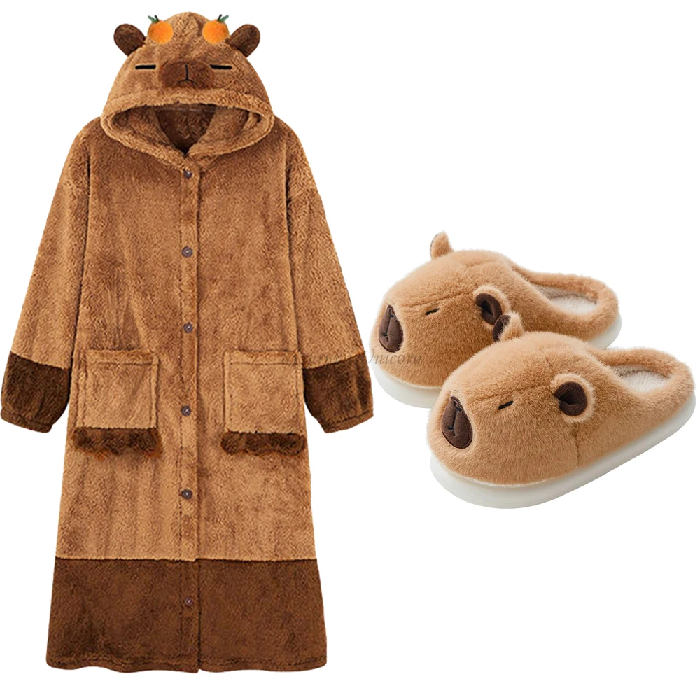 Capybara Winter Thicken Kigurumi Unicron Pajamas Set Cosplay Costume Comfortable Fabric Pajamas Halloween Suit Unisex Slippers