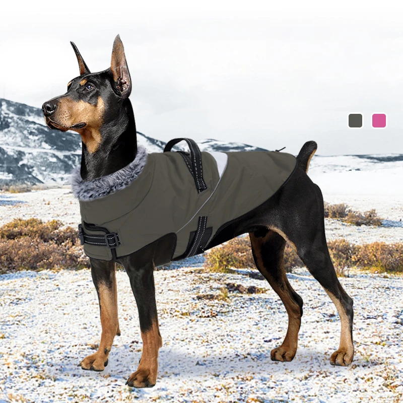 

Warm Cozy Fleece-lined Dog Jacket with Explosion-proof Push Handle Reflective Safety Outdoor Walking Dog Coat Large Dogs Clothes
