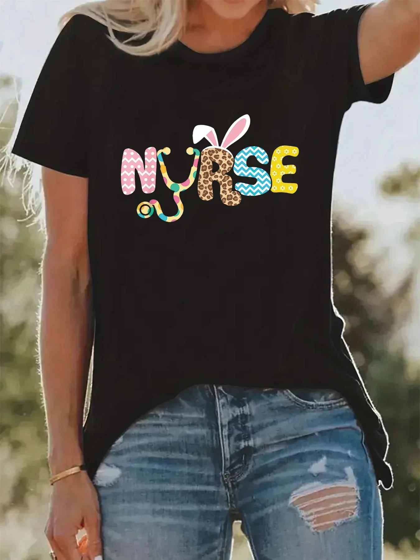 Y2k Short Sleeves Sunmmer T Shirt Nurse Stethoscope Rabbit Ear Creative Design Women's Top Summer Round Neck Fashion Cute