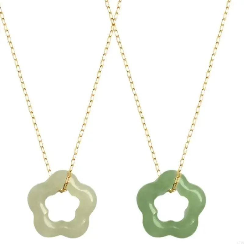  Hollow Carved Flower Shaped Pendant Necklace Natural Hetian Jade Necklace Simple Dainty Choker Exquisite Jewelry