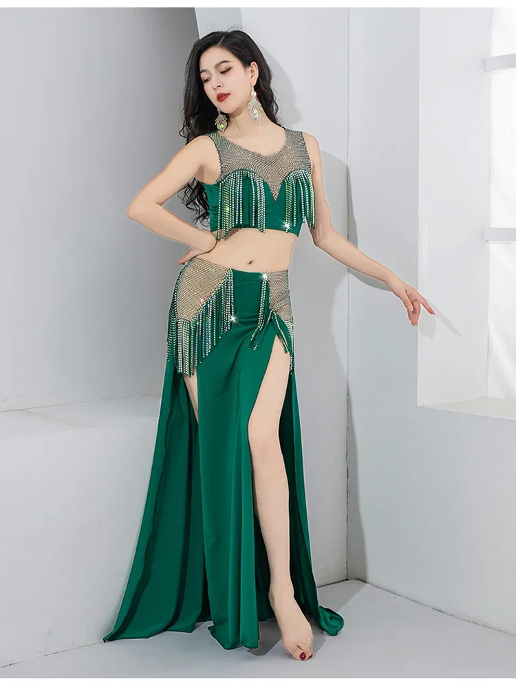 Belly Dance Performance Costume Women\'s Customized Light Luxury AB Stones Tassel Set Adult Oriental Dance Competition Clothing