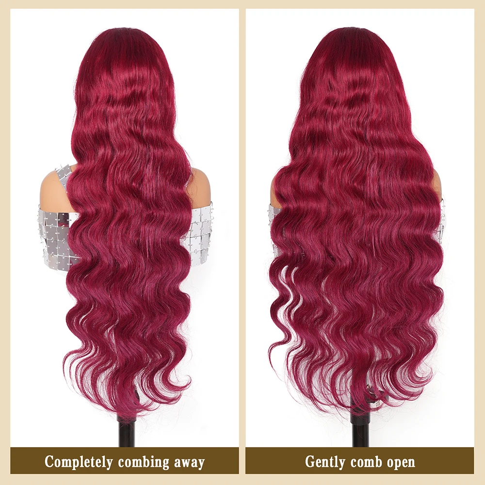 38 بوصة 99J بورجوندي الدانتيل الجبهة الباروكات 13x6 الجسم موجة الدانتيل الجبهة الباروكات شعر الإنسان قبل قطعها النبيذ الأحمر غلويليس الباروكات الأمامية