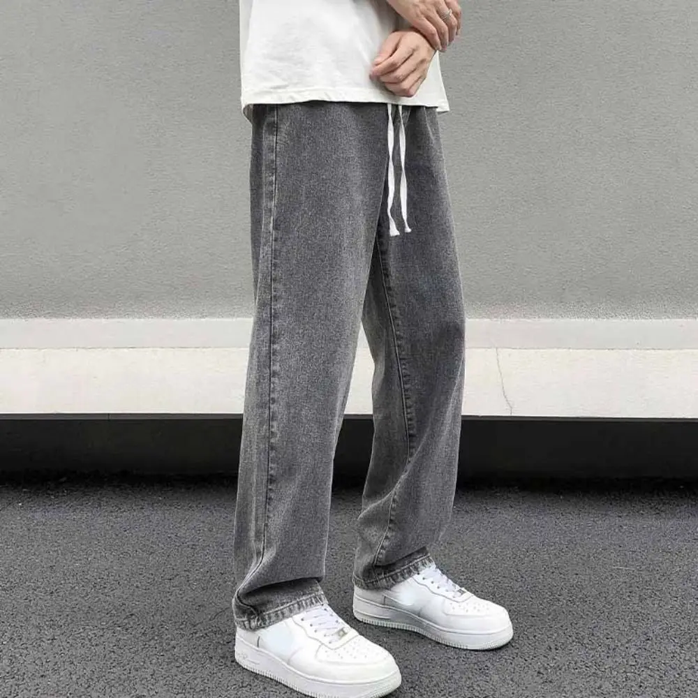 

Мужские повседневные джинсы с эластичной резинкой на талии, прямые брюки свободного покроя, широкие брюки, базовый дизайн, широкие джинсовые брюки, повседневное использование