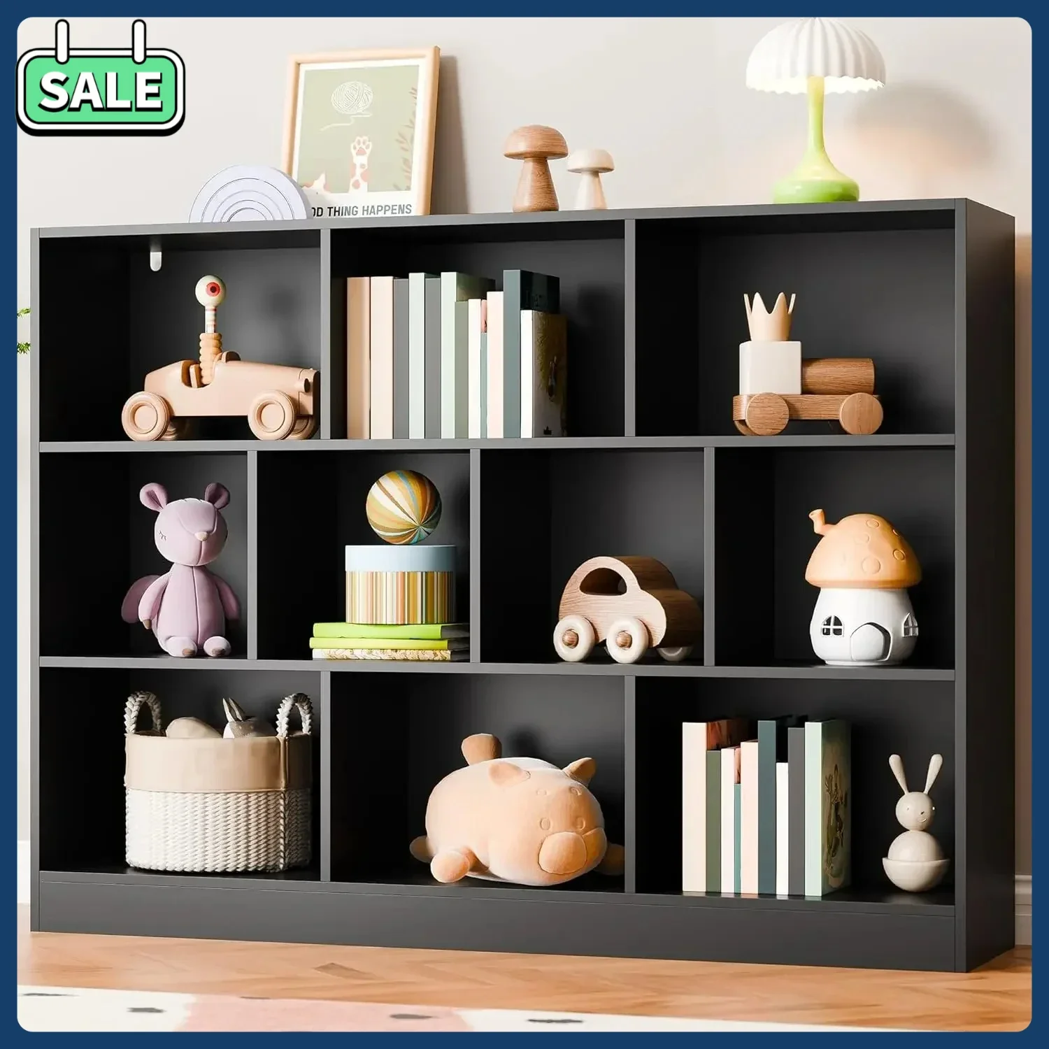 

Freestanding Black Bookshelf 3-Tier Open Shelf 10 Cube Storage Organizer Horizontal Bookcase Anti-Tilt