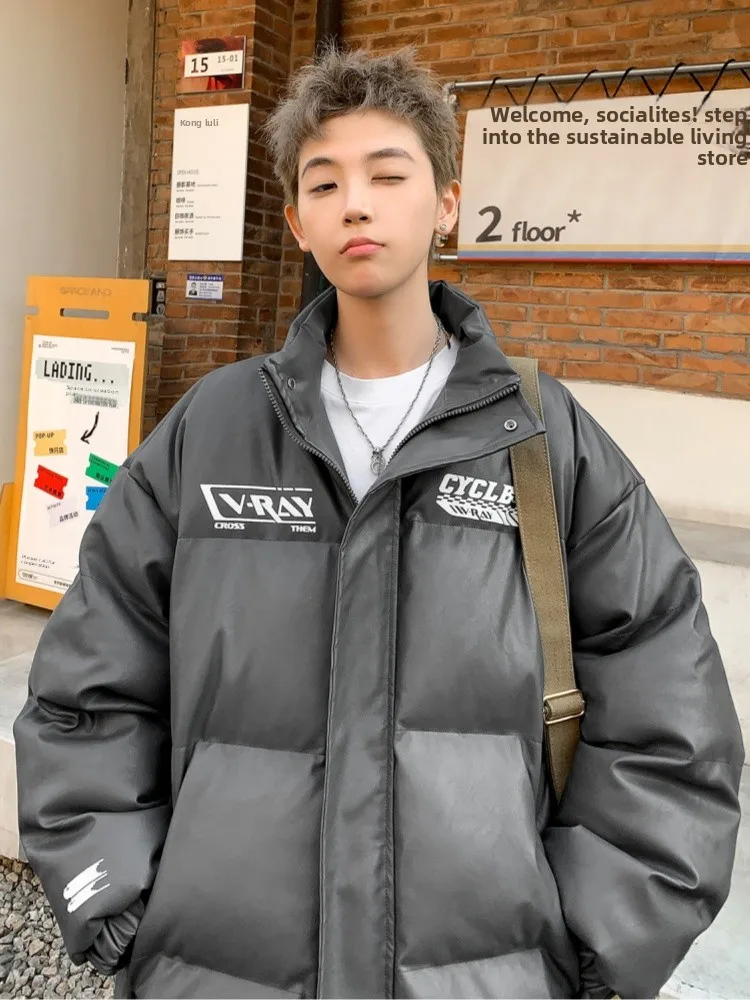 

Trendy American Printed Biker Cotton Jaet PU Couples Youth Bread Sle Winter Outerwear Men's 2024 New Faion Casual Coat